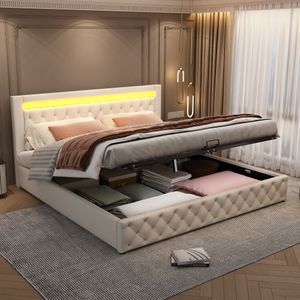 Flieks Čalouněná postel s úložným prostorem a lamelovým roštem, postel Boxspring 180x200 cm Manželská postel s led osvětlením, úložná postel Funkční postel, bílá
