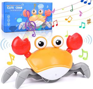 Elektrická hudební hračka Crawling Crab (oranžová), dětská hračka s hudbou a LED světly, automatické vyhýbání se překážkám, senzorická interaktivní hračka, dárek pro děti