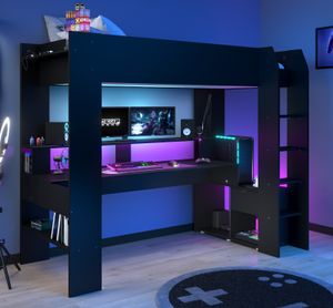 PARISOT Hochbett Gaming 'Online 1' Weiß mit Gamingtisch Jugendbett Bett LED-Beleuchtung Farbwechsel
