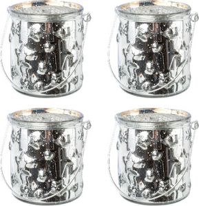 4 er Set Glas Windlicht mit Sternmotiv und Henkel Silber