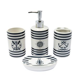 Badezimmer-Zubehör-Set 4-tlg. Badaccessoires Badzubehör aus Dolomit Segel-Motiv Badausstattung Weiß Dunkelblau