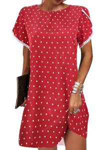 Damen Tunika T -Shirt Kleid Strand Swing Short Mini Kleider Casual Blumendruck Sommer Sunddress,Farbe:Pfirsich rot,Größe:M