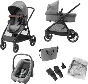 Maxi-Cosi Zelia S Trio Kinderwagen 3 in 1 Komplettset, 0-4 Jahre, bis 22 kg, Zusammenklappbar, Kompakt, Verstellbarer Baby Kinderwagen, mit CabrioFix S i-Size Babyschale, Zubehör, Wickeltasche, Grau Maxi-Cosi Zelia S Trio Kinderwagen 3 in 1 Komplettset, 0-4 Jahre, bis 22 kg, Zusammenklappbar, Kompakt, Verstellbarer Baby Kinderwagen, mit CabrioFix S i-Size Babyschale, Zubehör, Wickeltasche, Grau