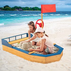 COSTWAY Sandkasten aus 100% massivem Tannenholz, Piratenschiff Boot mit Sitzbank und Aufbewahrungsbox, inkl. Bodenplane, Kinder Sandkiste Segelschiff für den Garten und Outdoor