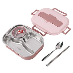 Thermo Lunchbox, Edelstahl Lunchbox, 3 Fächern wärmender Lebensmittelbehälter mit Essstäbchen und Löffel teilt Lunchbox für Kinder und Erwachsene, Bento-Boxen(Rosa)