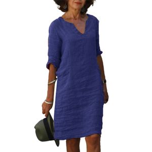 Damen Kurzärmelige Baumwolle Leinen Kleid Atmungsaktive Knie Kleid Sommer Mode,Farbe:Dark Blue,Größe:Xl