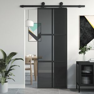 Drzwi przesuwne czarne 76x205 cm szkło hartowane i aluminium Drzwi przesuwne czarne 76x205 cm szkło hartowane i aluminium
