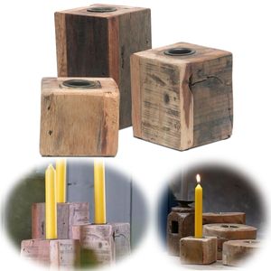 LS-LebenStil 3x Kerzenständer Cube ♻️ Fundholz ♻️ Set Kerzenleuchter Stabkerzen-Kerzenhalter