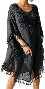 Damen Strandkleid Strandponcho Chiffon, Sommer Bikini Cover-Ups mit Quasten, Boho Strandtunika, Transparent Strandurlaub Beachwear, Schwarz, Einheitsgröße