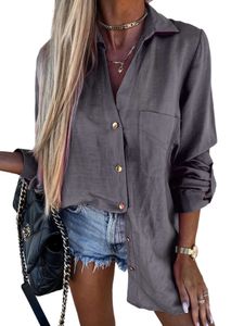 Damen Blusen Button Down Bluse Casual Tunika Hemd mit Tasche Langarm Elegant Shirt Farbe:Grau,Größe 2xl