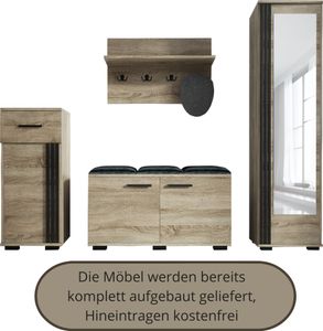 Garderobenset PIK Wandgarderobe Flurmöbel, Kleiderschrank, 4 Kleiderhaken, Schuhschrank, Schrank, fertig aufgebaut, Farbe: Trüffel Eiche