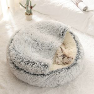 2 v 1 Polouzavřený pelíšek pro kočky, kulatý dlouhý plyšový pelíšek pro kočky, kobliha, 50*50 cm, šedý