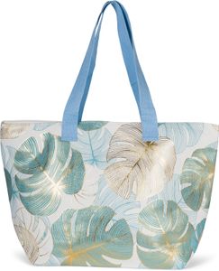 styleBREAKER Damen Strandtasche mit Palmen Blätter Print Metallic, Reißverschluss, XXL Schultertasche, Shopper 02012390, Farbe:Blau-Petrol