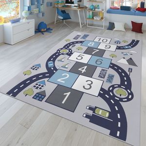 Kinder-Teppich, Spiel-Teppich Für Kinderzimmer, Hüpfkästchen und Straßen, Grau Größe 200x290 cm