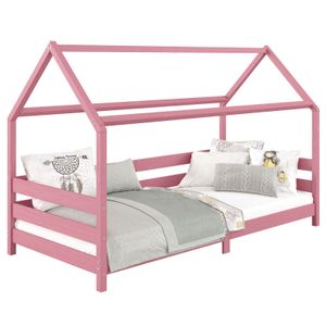 Hausbett FINA aus massiver Kiefer, Montessori Bett 90x200cm, Kinderbett mit Dach in rosa