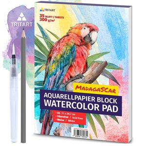 Tritart HOCHWERTIGES Aquarellpapier 300g | Din A4 | Weiß | 35 Blatt | Aquarellblock inkl. Water Brush und Bleistift