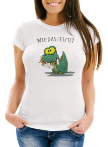 Damen T-Shirt Fun Motiv kleiner Dino frisst Einhorn Spruch "Wie das Letzte?" Fun-Shirt lustig Moonworks® weiß L