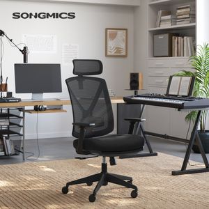 SONGMICS Bürostuhl mit Fußstütze, Schreibtischstuhl mit Lordosenstütze ergonomisch bis 150 kg Belastbar höhenverstellbar und Wippfunktion schwarz OBN61BKV1