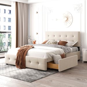 Čalouněná postel Merax 140x200 cm s výškově nastavitelným čelem a 4 zásuvkami, funkční úložný prostor Manželská postel s roštovým rámem a sametovým potahem v béžové barvě