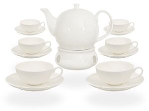 Buchensee Teeservice / Teeset / Teekanne 1,5 liter mit Stövchen und 6 Tassen je 150ml in weiß, Fine Bone China