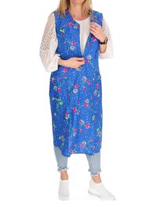 Reißverschluss Kittel RV Hauskleid Baumwolle Schürze Kochschürze, Farbe:blau, Größe:34