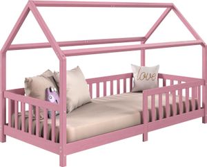 Hausbett NINA aus massiver Kiefer in rosa, schönes Montessori Bett in 90 x 200, süßes Indianerbett mit Dach