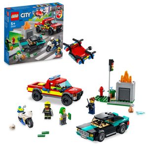 LEGO 60319 City Löscheinsatz und Verfolgungsjagd mit Feuerwehrauto und Motorrad, Polizei- und Feuerwehr-Spielzeug als Geschenk für Kindergeburtstag