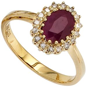 JOBO Damen Ring 585 Gold Gelbgold 16 Diamanten 0,16ct. 1 Rubin rot Goldring Größe 58