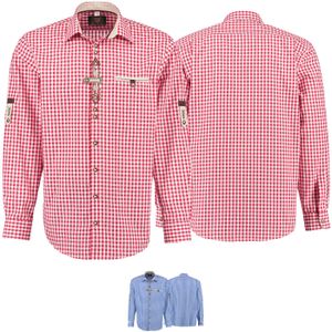 Trachtenhemd Langarm krempelarm bestickt karriert verziert Hemd mit Stickerei karo Regular fit, Farbe:Rot, Größe:XL