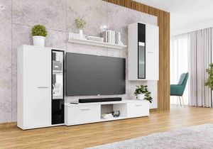 FURNIX Mediawand SARAI Wohnwand Wohnzimmerschrank mit TV Board, Vitrine und LED 4-teilig modern Weiß