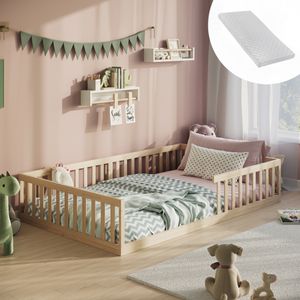 Bodenbett Bett mit Rausfallschutz & Lattenrost Montessori Bett Kinder Jugendbett Einzelbett optional mit Matratze | natur Kiefer 140x200 cm