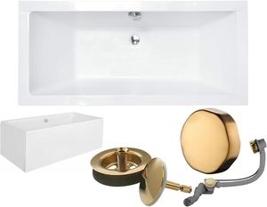 VBChome Acrylbadewanne 190 x 90 cm Weiß mit Acryl Schürze und Gold Siphon - Modern, langlebig und wärmeisolierend, perfekt für das Badezimmer
