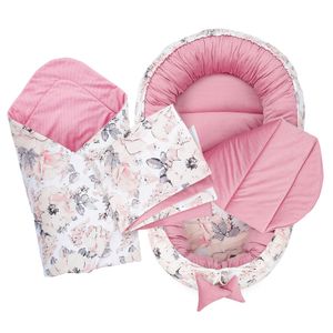 Babynestchen Set Neugeborene - Kuschelnest Baby Nestchen Bett Set 5- Teilig Kokon Babyhörnchen Rosa Velvet und Baumwolle mit Rosen