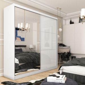 Kleiderschrank mit Hochglanz Viva Schrank mit Schiebetüren Kleiderstangen Garderobe mit Spiegel, Farbe: Weiß, Breite: 200 cm