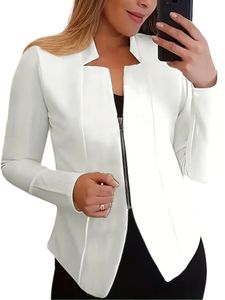 Damen Blazer Langarm Casual Business Jacken Strickjacke Bluses Leicht Outdoor Mantel Weiß - Reißverschluss,Größe XS
