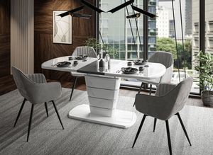 Zostava nábytku NAIROBI - rozkladací stôl do L+ 4 stoličky- Farba: biela / sivá vysoký lesk, Čalúnená látka: sivý zamat