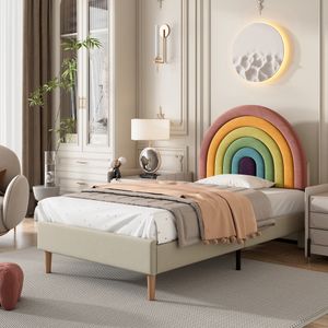 Merax Polsterbett 90x200cm mit Lattenrost und höhenverstellbarem Kopfteil in Regenbogenförm, Samt Einzelbett Kinderbett Jugendbett Holzbett, Beige