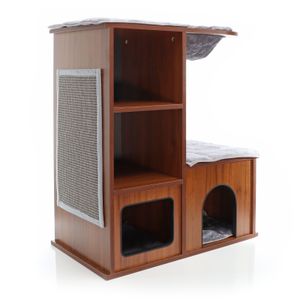Fudajo Design Dřevěný domek pro kočky Tmavě hnědý strom pro kočky s polštářem a sisalovou škrabací podložkou