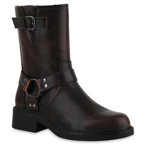 VAN HILL Damen Biker Boots Stiefeletten Nieten Stiefel Schnallen Schuhe 840869, Farbe: Dunkelbraun, Größe: 38