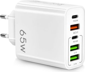 Nabíječka USB C, PD65W 5V4A PD+3USB nabíjecí zástrčka, rychlonabíječka, zástrčka napájecího adaptéru pro vícenásobné rychlé nabíjení pro Apple iPhone iPad Google Samsung, bílá