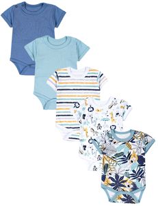 TupTam Jungen Baby Body Kurzarm in Unifarben - 5er Pack, Farbe: Koala Safari Streifen Mintgrün Orange Blau, Größe: 104