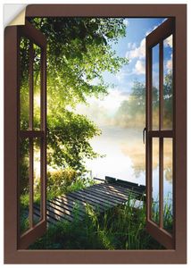 ARTland Wandbild, selbstklebend Fensterblick Angelsteg am Fluss, braun Größe: 50x70 cm