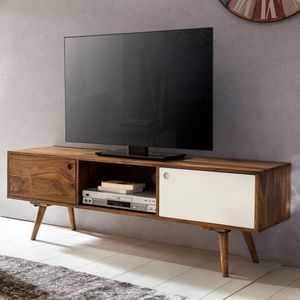 WOHNLING TV skrinka REPA 140 cm masívne drevo sheesham vidiecky dom 2 dvierka a polica | HiFi polica hnedá / biela 4 nohy | TV komoda vintage