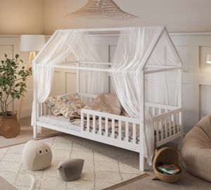 Alcube® Hausbett 80x160 cm Henni Premium Kinder Bett mit Rausfallschutz | Kinderbett 80x160 aus Buchenholz Jugendbett Massivholz in Weiß