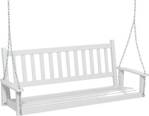 KOMFOTTEU Hängebank aus Pappelholz, 2-3-Sitzer Schaukelbank mit verstellbaren Metallketten, Hängestuhl mit Rückenlehne (Weiß, 168x65x63 cm)