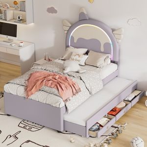 okwish Kinderbett Flachbett 90×200 cm mit ausziehbares rollbett,und 3-in-1 Schublade, Polsterbett Jugendbett für Jungen und Mädchen, Funktionelles Einzelbett mit Kopfteil in Einhornform, Lila(Ohne Matratze)