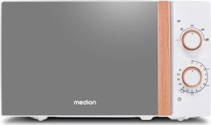MEDION Mikrowelle (Holzoptik, 20 Liter, 700 Watt, Verspiegelte Tür, 5 Leistungsstufen, Auftaufunktion, Zeitschaltuhr, MD10596) weiß