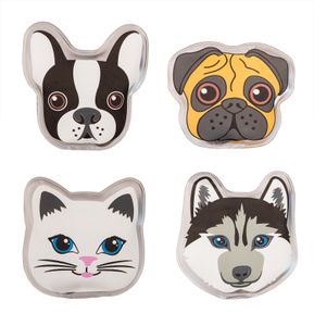 4x Taschenwärmer in 4 Hund & Katze-Motiv - Handwärmer wiederverwendbar - Für Kinder - Wärmepads : Hund, Katze, Mops, Husky