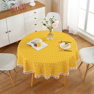 150 cm Quasten Tischdecke, Runde Tischdecke aus Polyester Baumwolle, für Esstisch, Couchtisch, Gartentisch (Gelb)