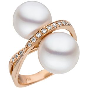 JOBO Damen Ring 58mm 750 Rotgold 24 Diamanten Brillanten 2 Südee Perlen weiß Perlenring